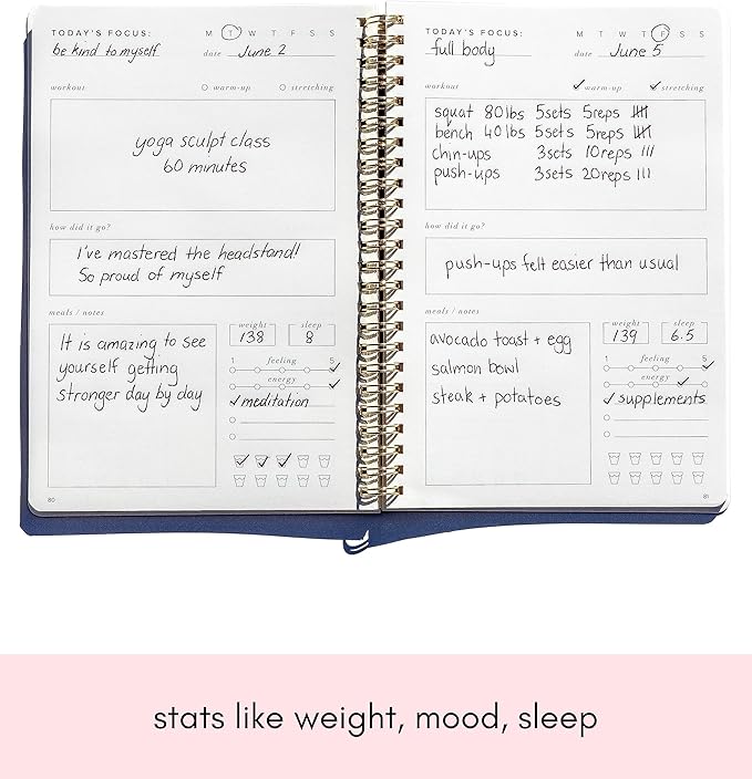 Kunitsa Co. Fitness Journal for Women - Track Workouts, Meals, and Weight Loss, Undated, Fits 120 Workouts, Dusty Blue, 6 x 8.5 Inches