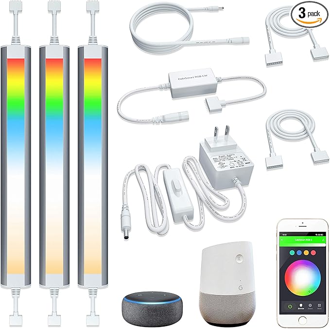 Smart Under Cabinet Lighting Strip Lights White and Multi Color Work With Amazon Alexa Google Home Dimmable for Show Case, TV Back Lights, Kitchen Counter, Book Case, Under Bed (3 Lights Bar kit)