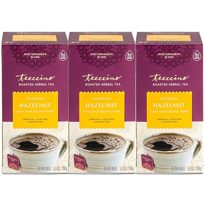 Teeccino Hazelnut Herbal Tea - Rich & Roasted Herbal Tea That’s Caffeine Free & Prebiotic for Natural Energy, 25 Tea Bags (Pack of 3)