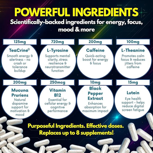 Space Dust Brain Supplement – Focus, Energy & Mood Support – 8-in-1 Nootropic for Brain Fog & Reaction Time – with TeaCrine, L-Theanine, L-Tyrosine, Mucuna – Gamer & Professional Formula