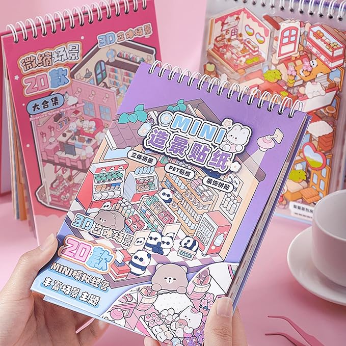 20 Sets DIY 3D Scene Sticker Book for Adults,Cute Sticker Therapy 3D Scenes Relief Stress Pass -Bakery, Library, Panda Supermarket,Tea Party