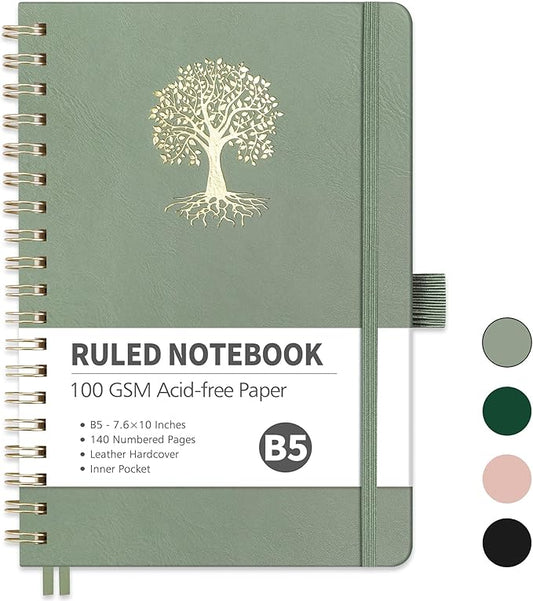 RETTACY Spiral Journal Notebook, 140 Numbered Pages, B5 Medium Size (7.6'' x 10''), for Men & Women, Journaling, Writing, Work & Office, Leather Hardcover, 100 GSM Thick Paper (Light Green)