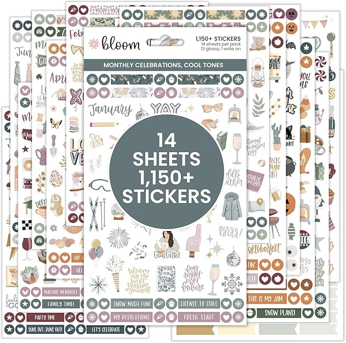 bloom daily planners Monthly Celebrations Planner Stickers for Calendar Decorating, Planning, Scrapbooking - Holiday, Seasonal, & General Events (14 Sheets, 1,150+ Stickers per Pack) - Cool Tones