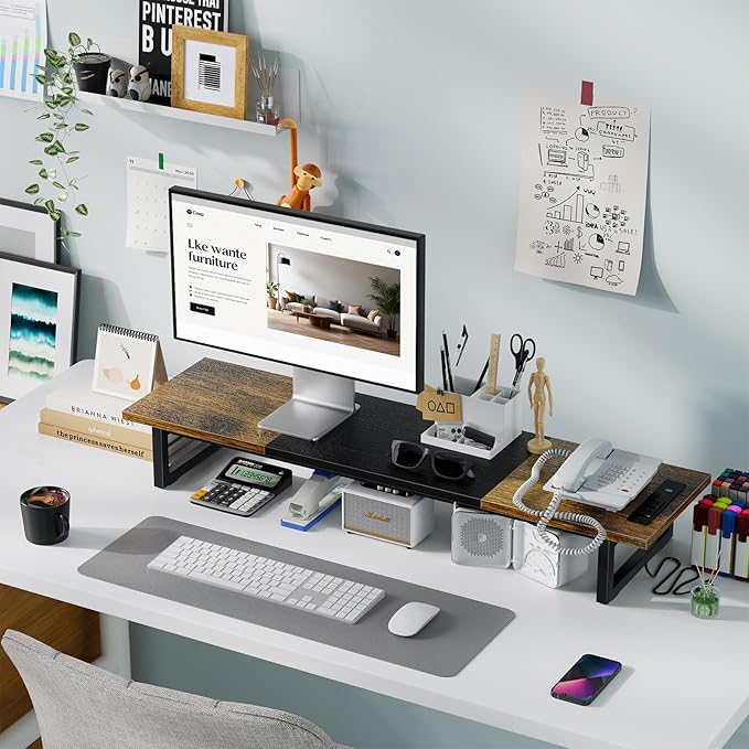 Simple Trending Dual Monitor Stand Riser with 2 USB Charging Ports, Wood Computer Desk Organizer for 2 Monitors, Extra Long TV Stand for Laptop Office, iMac