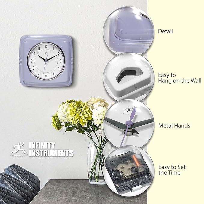 Infinity Instruments Retro Wall Clock – 9-Inch Square Silent Non-Ticking Mid-Century Modern Clock – Vintage Decorative Wall Clock for Kitchen, Office, or Diner – Lilac