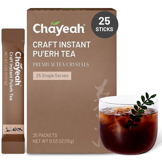 CHAYEAH, Craft Instant Pu'erh Black Tea, Quick Brew Tea Crystals, No Sugar, Natural Caffeine, Hot or Cold (25 Packets)