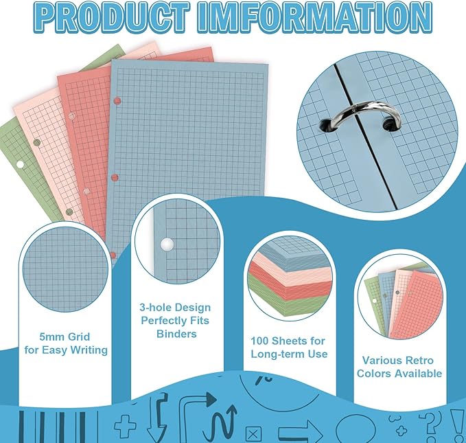 100 Sheets Half Letter 3 Hole Notebook Grid Paper Refill 5-1/2 x 8-1/2 Loose Leaf Paper for Mini Binder Colored Graph Paper Bulk Quad Ruled Graph Paper for Planner Inserts for School Office