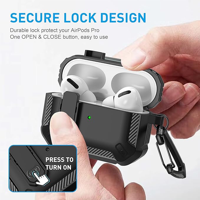 Maxjoy for AirPods Pro Case Cover with Lock, AirPods Pro 1st Generation Case for Men Military Rugged Protective Cover with Keychain Compatible with Apple AirPod Pros 2019 Front LED Visible, Black