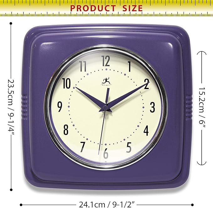 Infinity Instruments Retro Wall Clock - 9 Inch Square Clock - Silent Non-Ticking Mid Century Modern - Kitchen Clock Office Clock Diner Wall Clock - Vintage Wall Clock Decorative - Purple