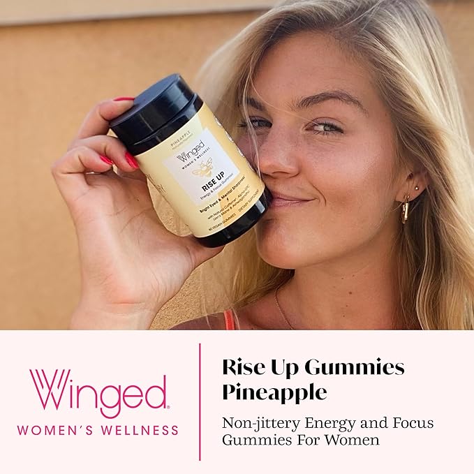 Winged Wellness Rise Up, Energy & Focus Gummies for Women - Daily Brain Boost Gummy Supplement with Natural Caffeine, Ashwagandha, B12, Nootropics Alpha-GPC & Lion’s Mane - Pineapple, 60 Gummies