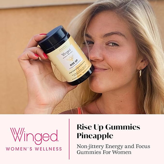 Winged Wellness Rise Up, Energy & Focus Gummies for Women - Daily Brain Boost Gummy Supplement with Natural Caffeine, Ashwagandha, B12, Nootropics Alpha-GPC & Lion’s Mane - Pineapple, 60 Gummies