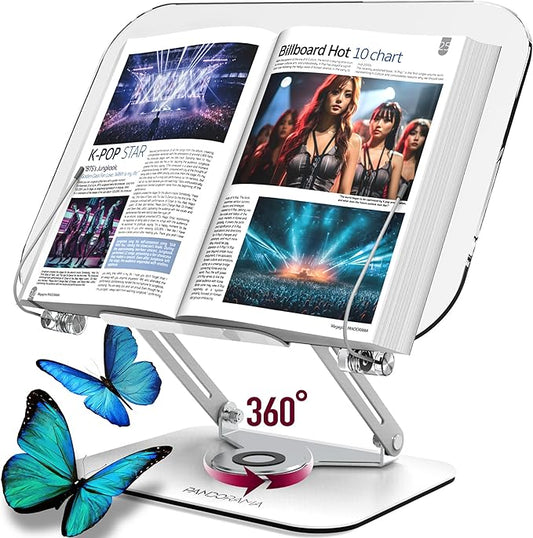 Acrylic Book Stand with 360° Rotating Body, Foldable Book Holder, Recipe and Laptop, Support up to 8.8 lb, Clear Stylish Ergonomic Design