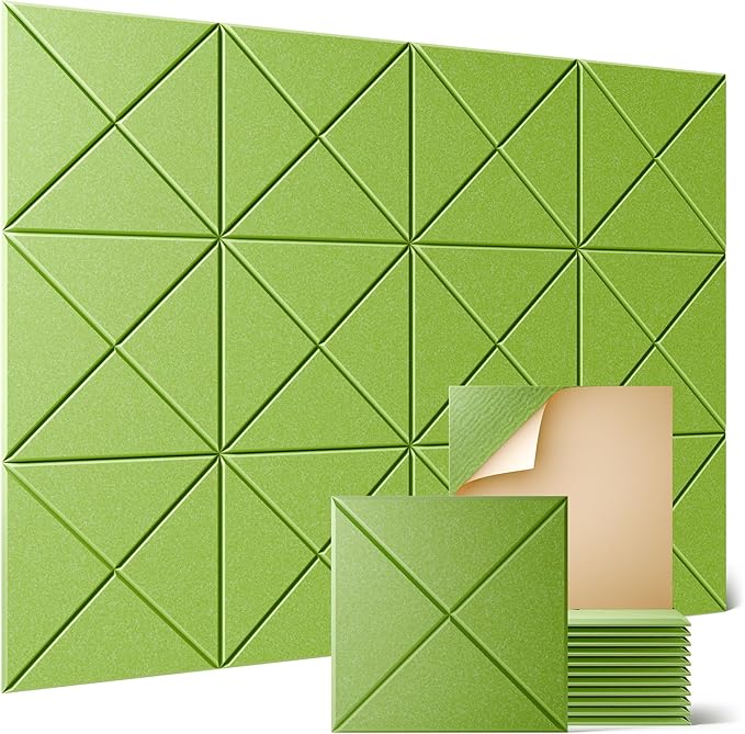 Sonicism 12 Pack X-Lined Acoustic Panels with Self-Adhesive, 12"X 12"X 0.4" Sound Proof Foam Panels, Decorative Soundproof Wall Panels, Sound Absorbing Tile for Home & Offices, Light Green