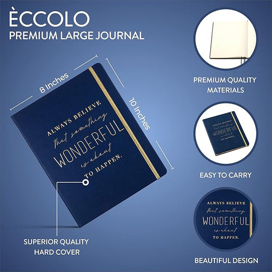 Eccolo Large Lined Journal Notebook, Flexible Cover, Writing Journal, 256 Ruled Ivory Pages, Ribbon Bookmark, Lay Flat, Desk Size for Work or School, Size 8X10, Always Believe