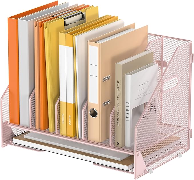Desk File Folder Holder Organizer-5 Vertical Compartments Racks and Paper Letter Tray,Mesh Magazine File Holder Sorter,Desktop Accessories & Workspace Organizers for Home,Office,School-Pink