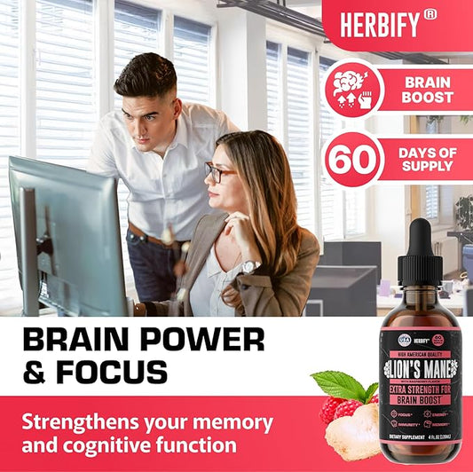 HERBIFY Lions Mane Supplement - Daily Mushroom Supplement for Memory, Focus & Clarity - Brain Booster - Lions Mane Tincture for Natural Immune Support - 4 Fl Oz Raspberry Flavor