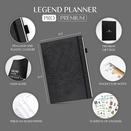 Legend Planner PRO Premium – Large Undated Weekly, Monthly & Budget Planner with Habit Tracker – Life Organizer for Time & Task Management, Goal Setting & Productivity – A4 size (Black)