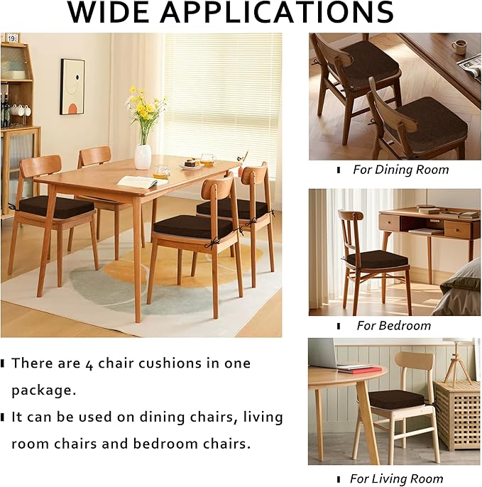 ELFJOY Chair Cushions for Dining Chairs Kitchen Chair Cushions U Shape Non Slip Chair Pads Set of 4 Seat Cushions with Ties Indoor 16.7" x 16" Coffee