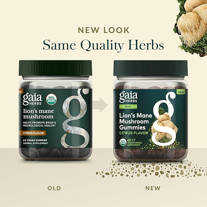 Gaia Herbs Lion's Mane Mushroom - Natural Brain Support Supplement - Made with Organic Lion's Mane Mushrooms - Free from Gluten, Soy & Dairy - 60 Vegan Gummies (30 Servings)
