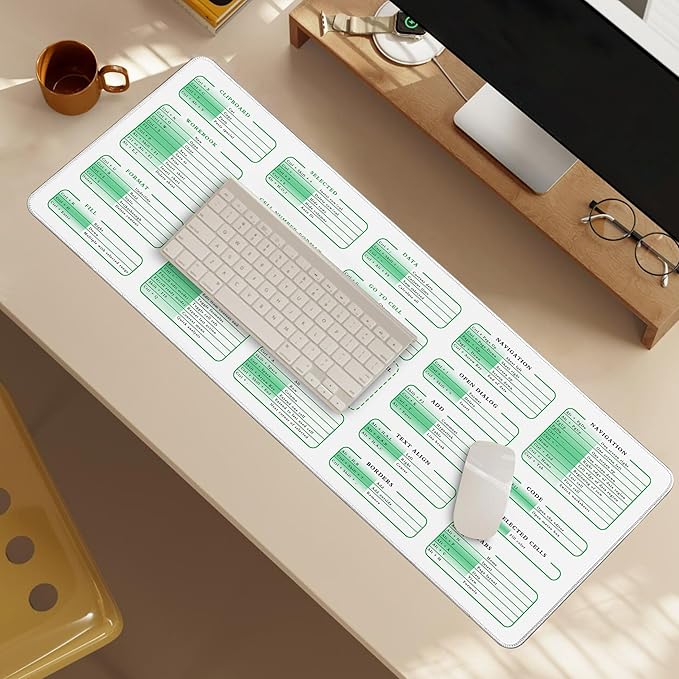 Excel Cheat Sheet Desk Pad, 31.5"x11.8", Waterproof Extra Large Excel Shortcut Mat with Stitched Edges, Anti-Slip Excel Mouse Pad for Office Desk, MS Excel/Word Shortcuts (White Excel)