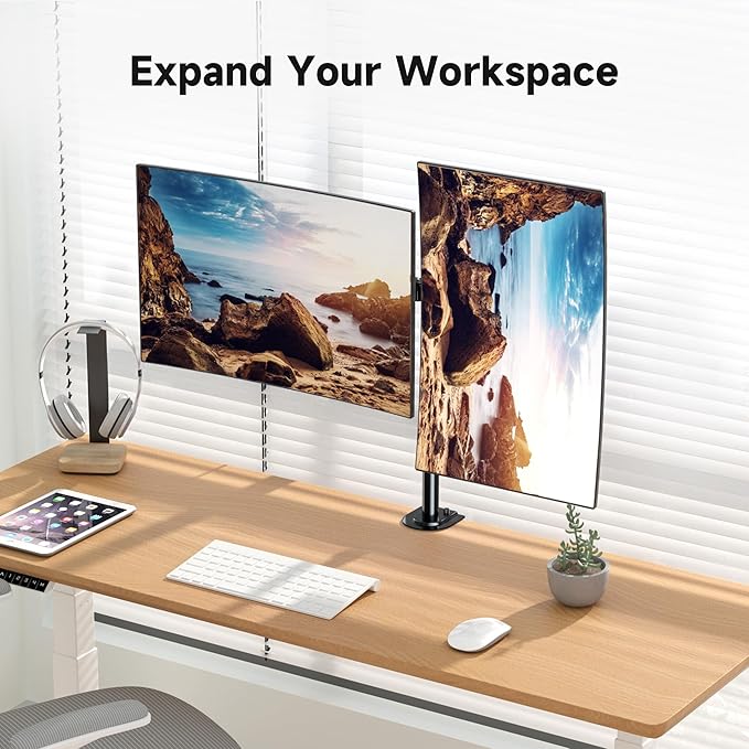 Pholiten Dual Monitor Stand, Heavy Duty Adjustable Monitor Arm Desk Mount for 2 Screens up to 32 Inches, Tilt, Swivel, Rotate, Supports Tilt, Swivel, Rotate, Supports 22 lbs per Monitor Arm