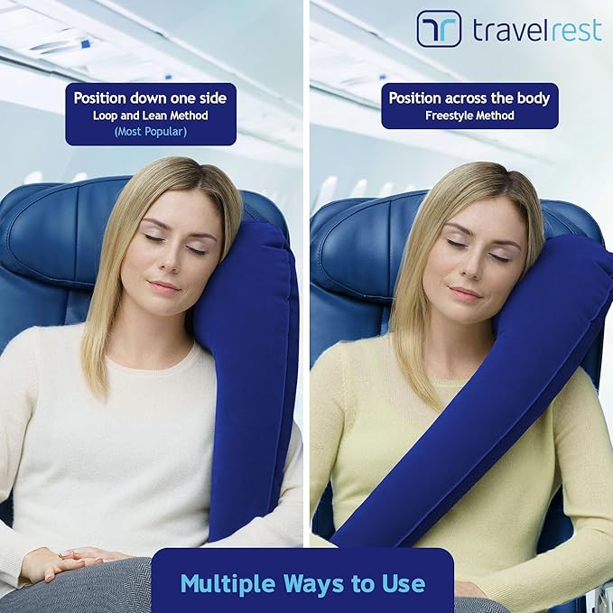 TRAVELREST All-in-One Neck & Body Pillow - Advanced Support and Comfort Design, Travel Essentials, Memory Foam, Inflatable, Airplane & Car Seat, Sleeping on Long Flight & Trips, Travel Pillow - Blue