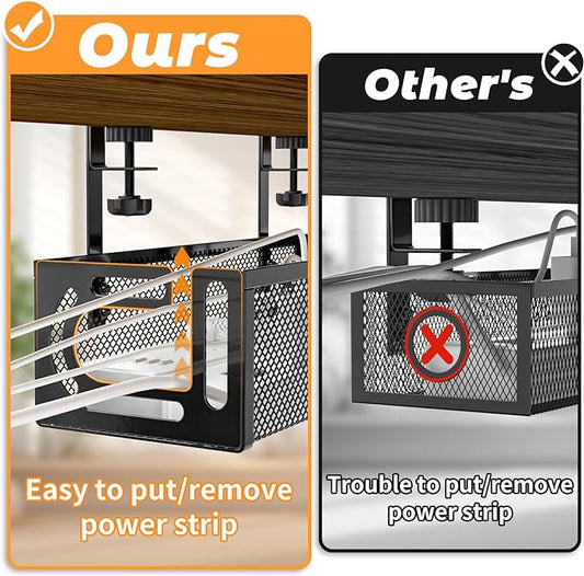 Under Desk Cable Management Tray, 15.7'' No Drill Steel Desk Cable Organizers, Wire Management Tray Cable Management Rack (1 Pack-Black)