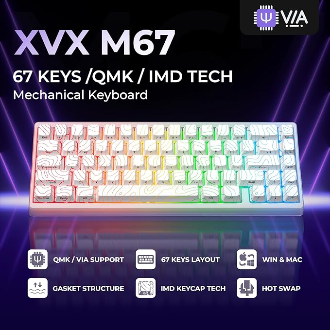 HITIME x XVX M67 Topographic Wired Gaming Keyboard with IMD Tech Keycaps, QMK/VIA 60 Percent Keyboard Custom, Creamy Mechanical Key Board Gasket, RGB Hot Swappable, Stellar White(JadeStone)