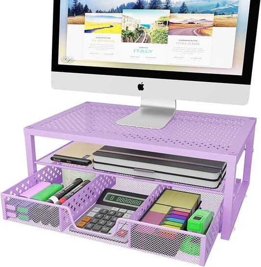 Simple Trending Metal Monitor Stand Riser and Computer Desk Organizer with Drawer for Laptop, Computer, iMac, Purple