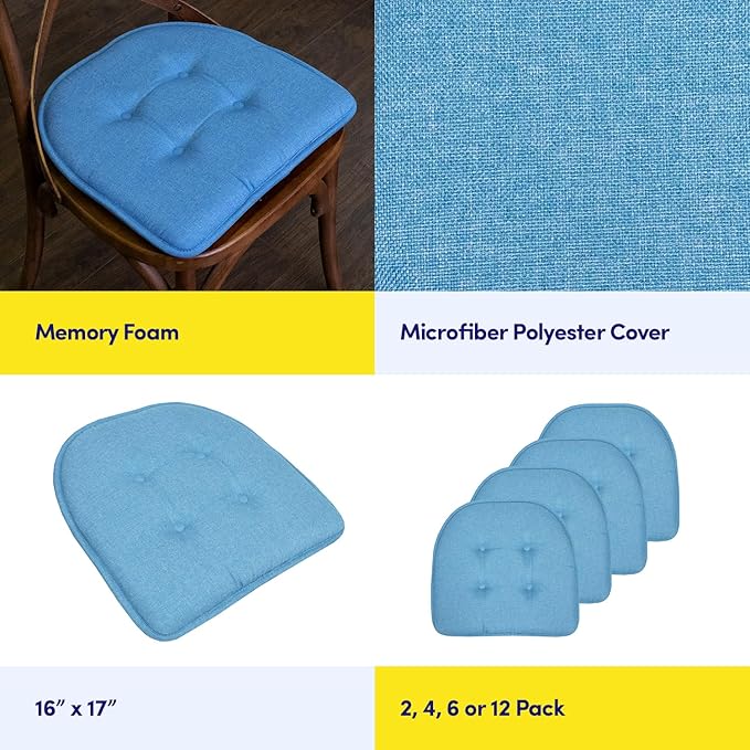 Sweet Home Collection Chair Cushion Memory Foam Pads Tufted Slip Non Skid Rubber Back U-Shaped 17" x 16" Seat Cover, 2 Count (Pack of 1), Turquoise