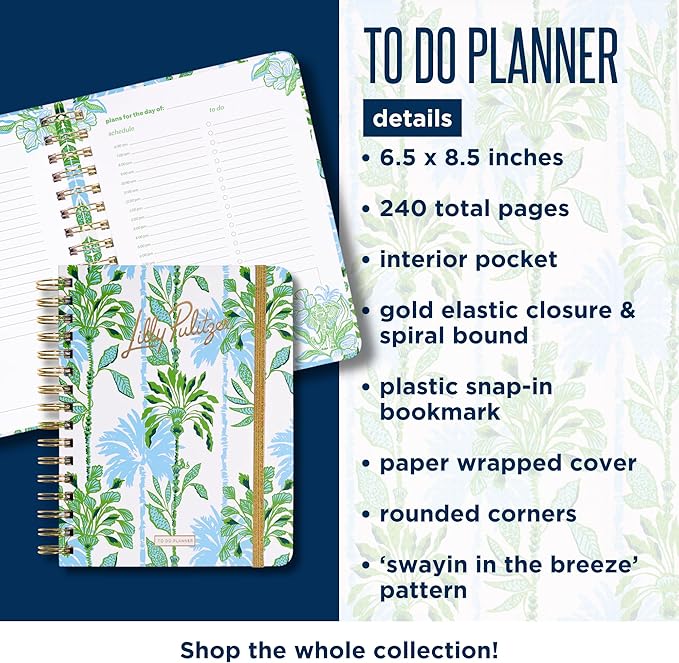 Lilly Pulitzer Undated To Do Planner, Hardcover Daily Planner, Personal Organizer with Hourly Schedules and Notes Pages (Swayin in the Breeze)