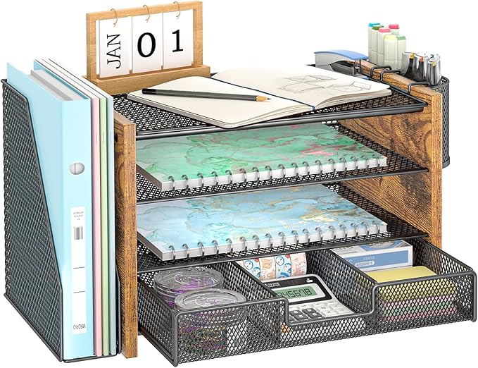 Wooden Desk Organizers and Accessories with File Holder, 4-Tier Paper File Organizer with Drawer & 2 Pen Holders, Office Desk Accessories, Desktop Organizer and Storage for Home Office