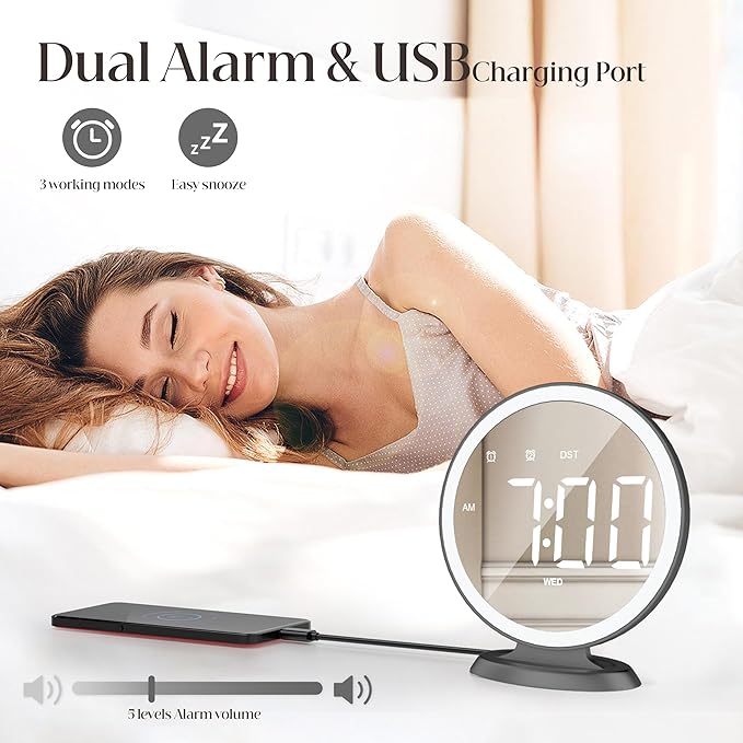Round Mirror Lighted Digital Alarm Clock, Mirror Surface for Makeup, Large Display, Easy Setting, Auto DST, Auto Dimming, USB Port, Modern Decor for Home, Bedroom, Office, Gift for Women, Girl, Black