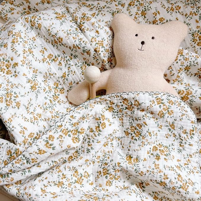 BuLuTu 4 Layer Toddler Blanket 100% Cotton Muslin Bed Blankets for kids,Girls,Boys, with Cute Hibiscus Flowers Pattern Lightweight Thermal Baby Blanket, Super Soft Warm Crib Blanket, 47x51’’