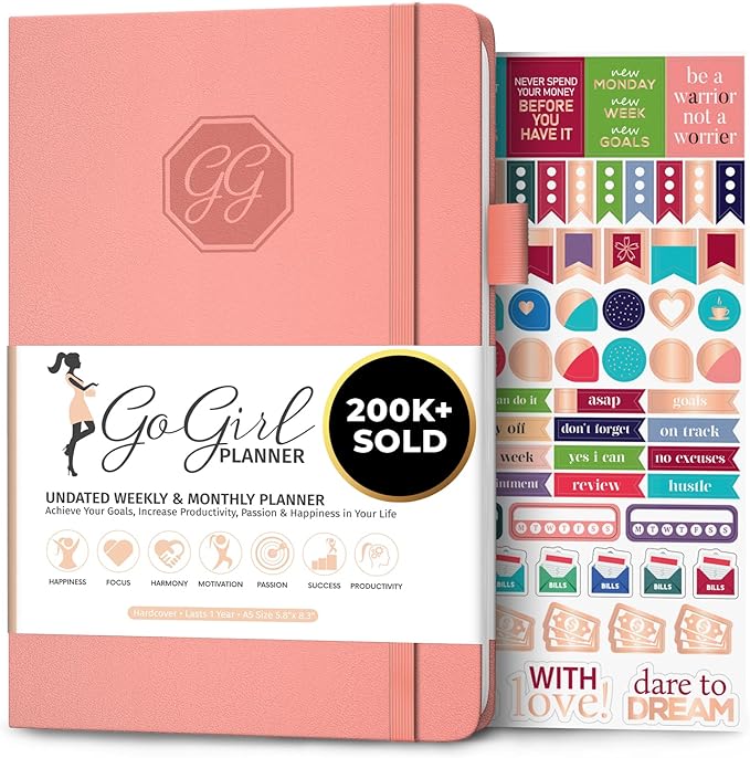 GoGirl Planner and Organizer for Women – A5 Size Weekly Planner, Goals Journal & Agenda to Improve Time Management, Productivity & Live Happier. Undated – Start Anytime, Lasts 1 Year – Peach Pink
