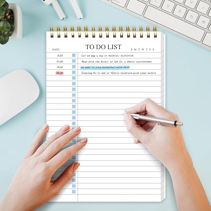 To Do List Notepad, Undated Daily Planner Notepad with To Do List Notebook Checklist Planner Spiral Waterproof Notepad for Office Supplies, School Planner, Blue, 52 Sheets, 5.5"*8.3" A5 Size