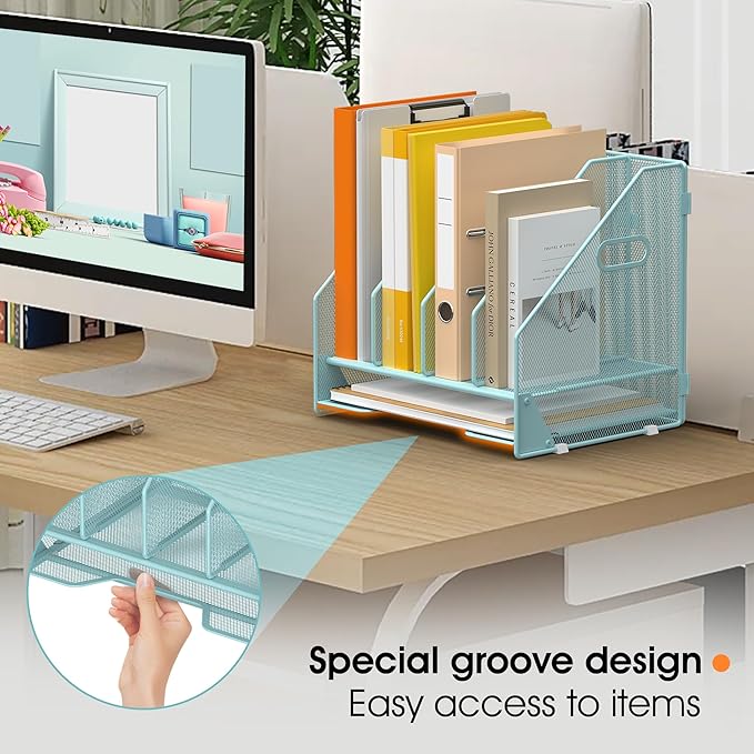 Desk File Folder Holder Organizer-4 Vertical Compartments Racks and Paper Letter Tray,Mesh Magazine File Holder Sorter,Desktop Accessories & Workspace Organizers for Home,Office,School-Blue