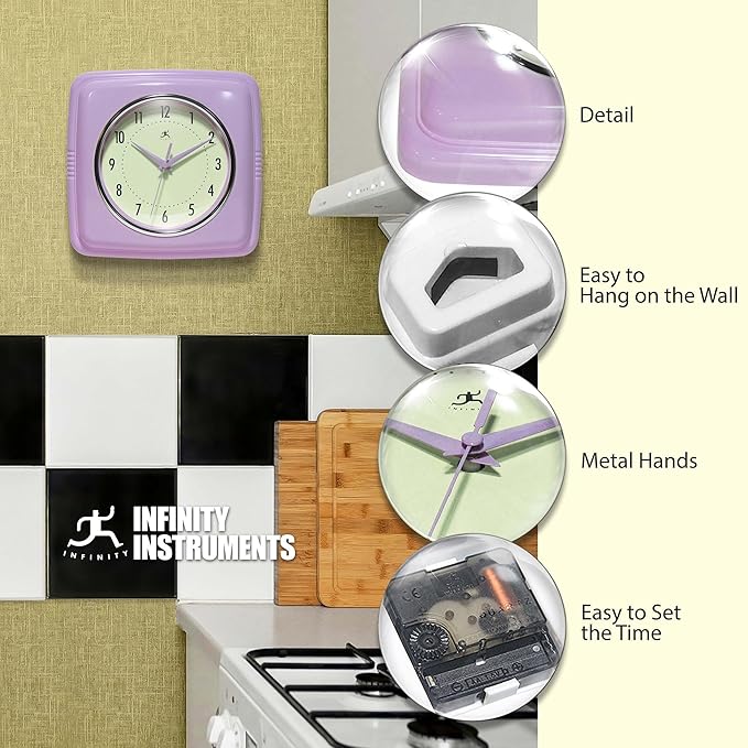 Infinity Instruments Square Retro Wall Clock, Lavender, 9.25"