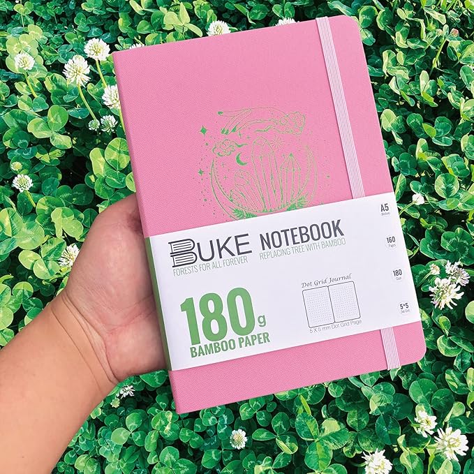 BUKE A5 Size Dotted Notebook Dot Grid Journal 180Gsm Bamboo White Supper Thick Paper, 5 * 5MM Dot Grid 160 Pages, Colored Silver Edges, Waterproof Fabric Hardcover