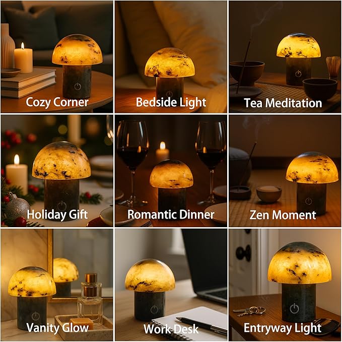 Handcrafted Onyx Mushroom Lamp - 4.3" x 4.7" Natural Marble Stone Night Light with 3-Level Brightness, Rechargeable Touch LED Accent Light for Bedroom, Office, Gift