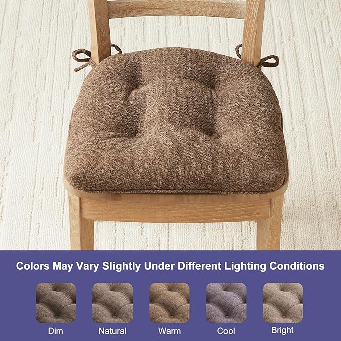 Chair Cushions Set of 6 for Dining Chairs, 16.5"x15.5" Kitchen Chair Pads with Memory Foam, Non-Slip Bottom & Ties, Tufted Indoor Seat Cushions for Home Use – Brown