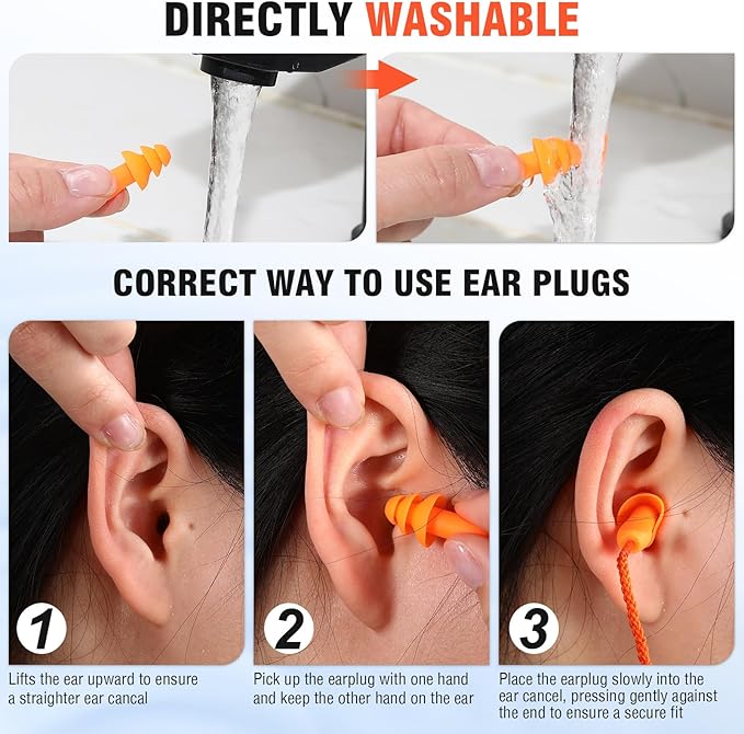 Tondiamo 200 Pairs Ear Plugs Reusable Silicone Earplugs with Cord Sleeping Individually Wrapped Hearing Protection Noise Cancelling Earplugs for Work Construction Shooting Sports (Orange)
