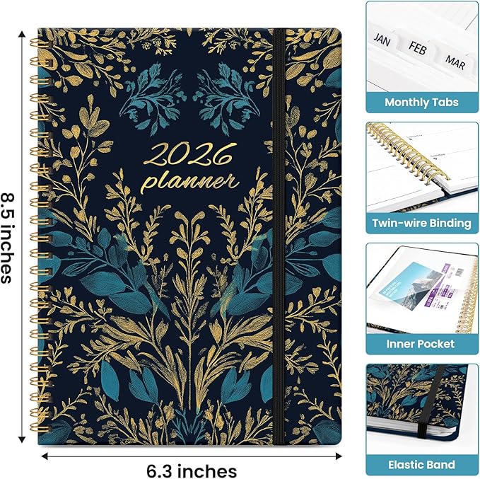 2026 Planner, Monthly and Weekly Calendar Planner for Women, January 2026 - December 2026, Hardcover Pretty 2026 Agenda Planner Book with Tabs, Spiral Bound, Perfect for School Office Home Supplies, 6.3" x 8.5" - Golden Elegance