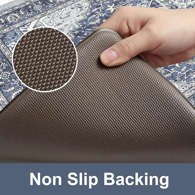 KIMODE Anti Fatigue Kitchen Mat, Cushioned Kitchen Mats for Floor 2 Piece, Boho Vintage Kitchen Rugs, Comfort Foam Standing Desk Mat for Laundry, Office, Sink Navy Blue 17"x47"+17"x29"