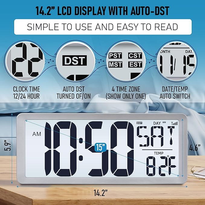 TXL Silver Large Digital Wall Clock with Backlight, 14.2" Battery Operated Alarm Clock with Day, Date & Temperature, Large Wall Clock for Classroom,Bedroom, Livingroom, Office，（Battery Included）