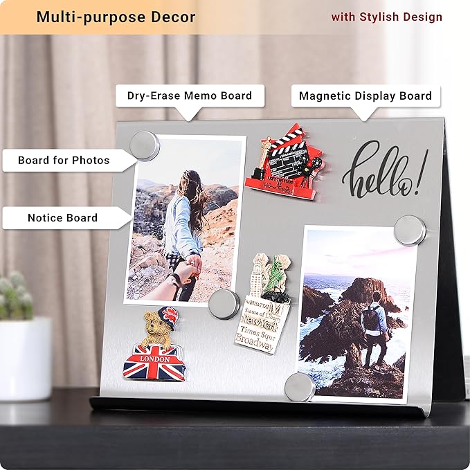 Large Magnetic Bulletin Board – Dry Erase Memo Board with Stand – Tabletop Metal Easel for Magnet Display – 12x10 Inches + 4 Magnets