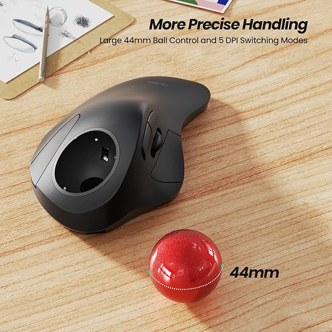 Nulea Wireless Ergonomic Trackball Mouse, Rechargeable, Bluetooth Rollerball Mouse, 44mm Index Finger Trackball, 5 Adjustable DPI, Compatible with PC, Laptop, Mac