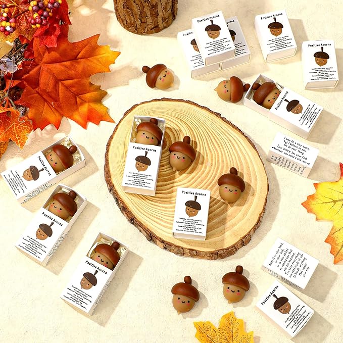 Wettarn 24 Sets Positive Acorn Gifts Cute Stress Balls with Support Gift Boxes Fall Thanksgiving Party Favors for Employee Coworker Friends Office Inspirational Relief Toys