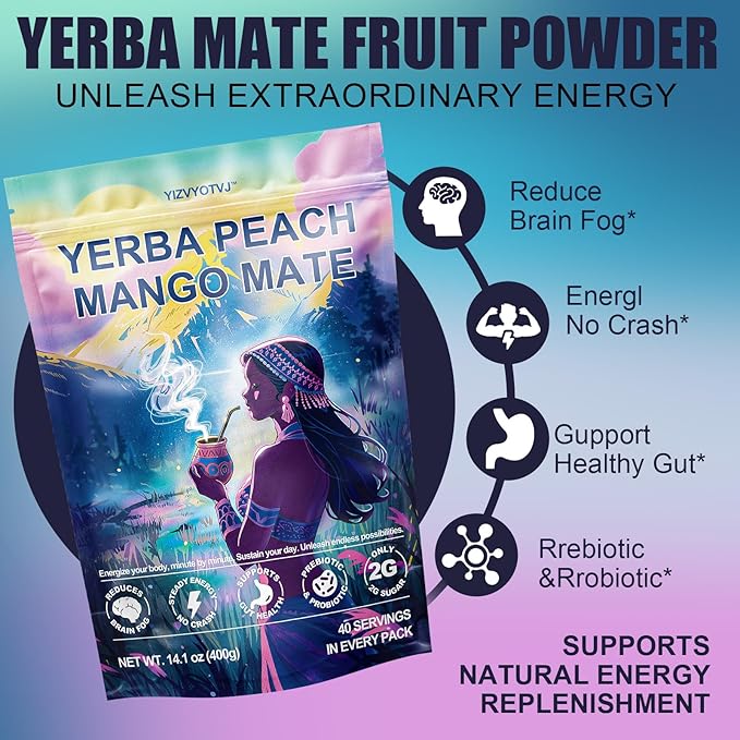40 Servings (400g) Yerba Mate Instant Tea Powder, 3-in-1 Peach Mango Flavored Low Sugar Super Drink to Support Energy & Focus with Prebiotics and Probiotics