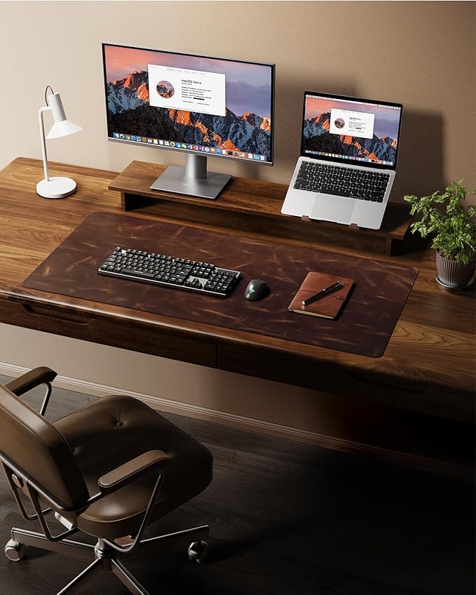 YSAGi Leather Desk Mat, 35.4"x17"Real Leather Desk Pad,3mm Thick Desk Blotter with Stiched line,Oil-Wax Feel Mouse pad and Self-Healing Laptop Pad for Home & Office(Classic Dark Brown)